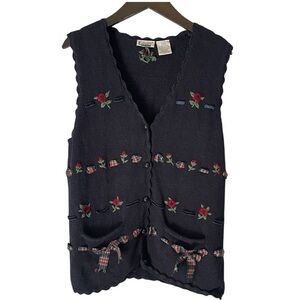 Vintage Grandma Cottage Core Blue Rose Embroidered Ribbon Vest size medium